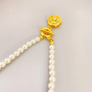 Elegant pearl necklace with gold OT clasp and camellia flower pendant with zircon