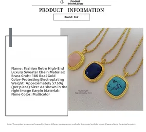 Detail of 18K gold plated square pendants with turquoise, lapis and pink quartz gems