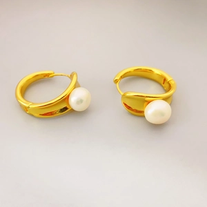 French style gold plated geometric hoop earrings with elegant white freshwater pearls