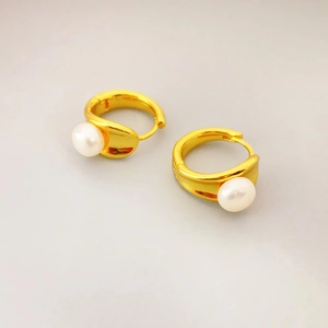 French style gold geometric hoop earrings with natural white freshwater pearls