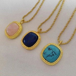 Vintage 18K Gold Plated Copper Necklace For Women Large Square Lapis Lazuli Turquoise Rose Quartz Pendant Braided Rope Chain