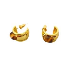 18k gold plated C-shaped stud earrings featuring inlaid tiger eye stone for women