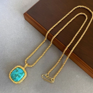 Vintage square turquoise pendant on a gold twisted rope chain necklace for women