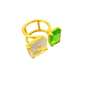 Anello in rame placcato oro 18K con smeraldo quadrato e cristallo con design a H
