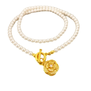 Double-layer pearl necklace with golden OT clasp and zircon camellia flower pendant