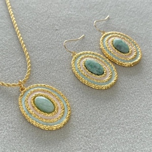 Collier Pendentif Ovale Et Boucles D'oreilles Crochet Cuivre Avec Amazonite Émail Rétro Français Bijoux Femmes