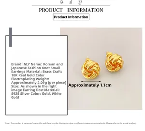 Detail view of 18K gold plated twisted knot earrings with S925 silver needles