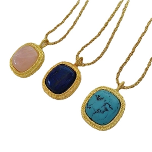 Vintage gold square pendant necklaces with turquoise, lapis, and pink crystal stones