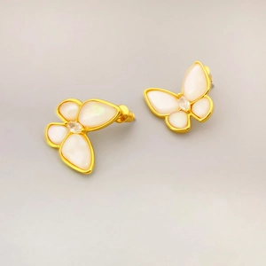 Elegant gold butterfly earrings with iridescent shell inlay and tiny center zircon