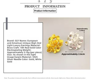 Detail of 3D floral earrings showing 18K gold plating and 925 silver needle specs