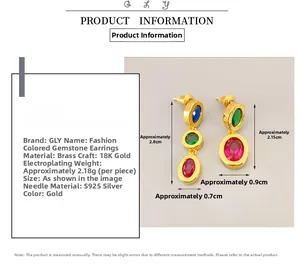 Detailed view of luxury oval stud earrings with colorful gemstones and size dimensions