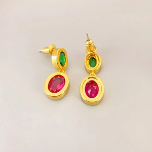 Elegant gold plated oval earrings with green and magenta layered faux gemstones