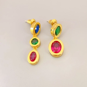 Oval Colorful Rhinestone Drop Earrings Geometric Gold Plated Copper With 925 Sterling Silver Earring Post Retro Luxury Fashion