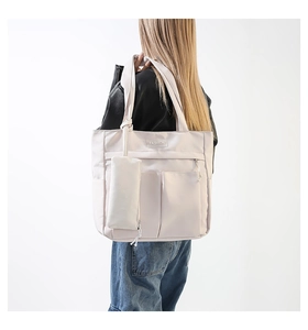 Beige large capacity canvas tote bag with fashion tag and matching small pouch