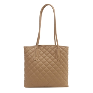Quilted khaki tote bag with diamond lattice pattern and dual shoulder straps for women