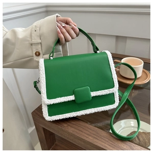 Fashion Women PU Leather Square Shoulder Bag With Faux Fur Trim Versatile Top Handle Crossbody Handbag For Daily Street
