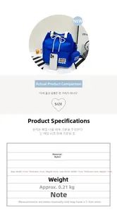 Size chart showing dimensions for the blue nylon school tote and small matching coin purse