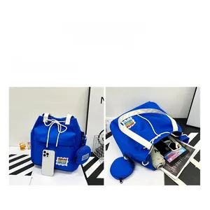Detail view of large canvas bucket bag interior showing capacity for iPad and essentials