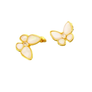 Elegant gold butterfly earrings with shell inlay and zircon accents on white background