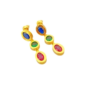 Elegant gold earrings featuring a vertical trio of blue, green, and red oval gemstones