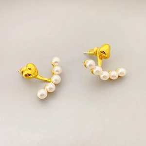 Elegant gold-plated heart stud earrings with curved five-pearl drop design for women