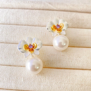 Flower Artificial Pearl Drop Earrings With 925 Sterling Silver Earring Post Copper Purple Zircon Floral Jewelry For Women