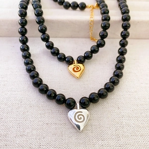 Collier Pendentif Coeur Perles Onyx Noir Charme Coeur En Cuivre Texture Spirale Réglable Mode Pour Femmes