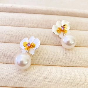 Floral orchid 925 silver needle pearl drop earrings with purple gemstone centers