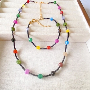 Colorful natural stone beaded necklace and bracelet set with gold adjustable clasps