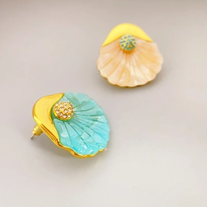 French style shell shaped earrings with crystals and gold plated finish for women