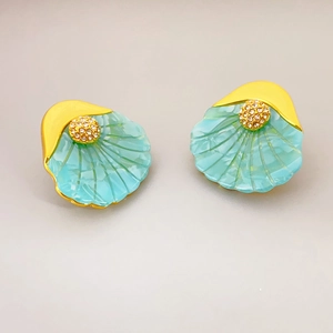 French style shell shaped earrings with diamonds and gold plating on 925 silver needles