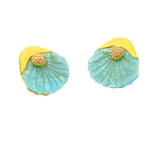French style shell earrings with light blue translucent resin and gold plated crystal accents