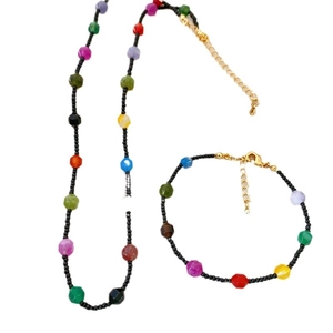Colorful natural stone beaded necklace and bracelet set with golden lobster clasp