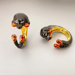 Fashionable dachshund enamel open ring set with gold plating for women