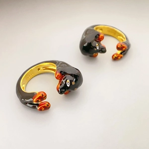 Cute Dachshund Dog Open Ring Enamel Drip Oil Copper Gold Plated Adjustable Animal Fashion Jewelry For Women