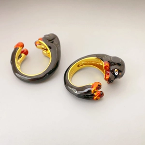 S925 silver dachshund dog open ring with handcrafted black enamel and gold plating
