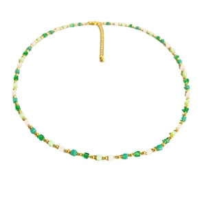 Minimalist green and white cube beaded necklace with gold accents and adjustable chain
