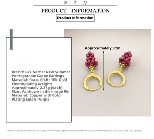 Detailed view of 18K gold plated brass grape earrings with purple garnet beads