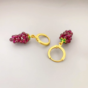 Pastoral style grape drop earrings with purple beads and gold-plated huggie hoops