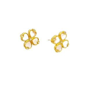 Elegant gold plated clover stud earrings with white heart shells and sparkling crystals