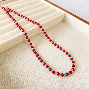 Collier De Perles Fait Main Avec Agate Rouge Et Perles De Verre Bleues Style Ethnique Vintage Ras Du Cou Pour Femme