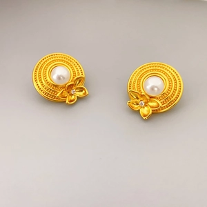 Retro golden spiral earrings with white pearls and 3D floral accents for women