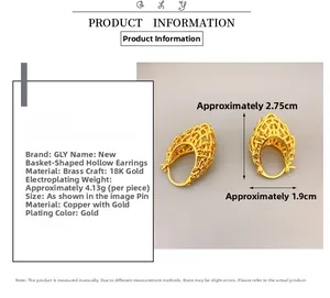 Detail of 18K gold plated basket weave earrings showing size and hollow metal texture