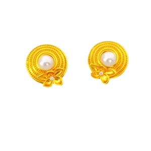 Retro 925 silver needle woven hat earrings with pearl and flower in gold plating