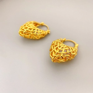 Elegant 18K gold plated hollow heart-shaped woven stud earrings with textured finish