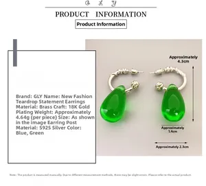 Detailed specs of green waterdrop earrings in 18K gold plated brass and S925 silver
