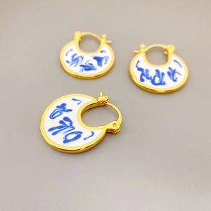 Vintage Hoop Earrings Brass 18K Gold Plated With Blue And White Porcelain Pattern Enamel U Shaped Elegant For Women
