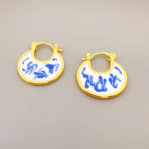 Elegant 18K gold-plated brass hoop earrings with blue and white porcelain enamel finish