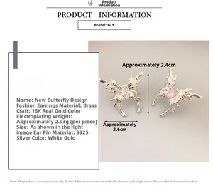 Detail of butterfly earrings featuring S925 silver needles and 18K gold plating