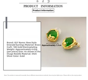 Detail of emerald gemstone earrings with 18K gold plated brass and S925 silver needles